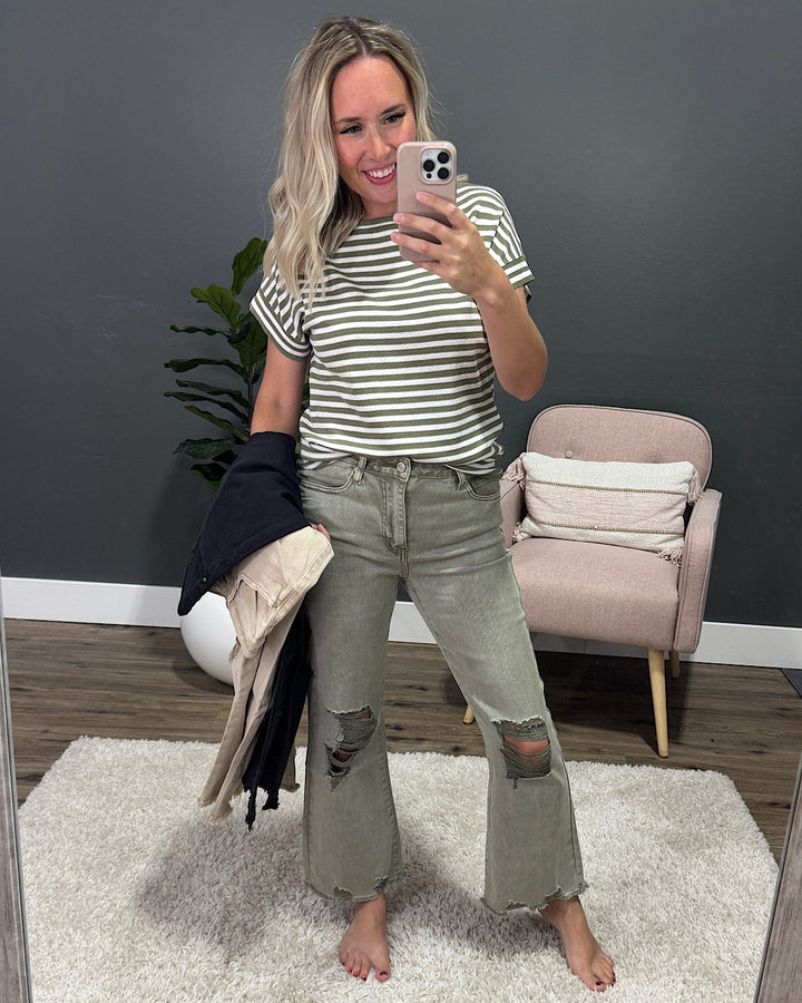 NEW! Gia Wide Leg Distressed Cropped Jeans - Light Olive Zenana