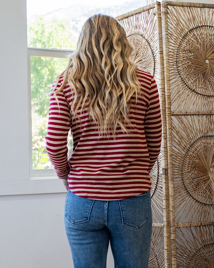 Claudia Striped Henley Top - Burgundy