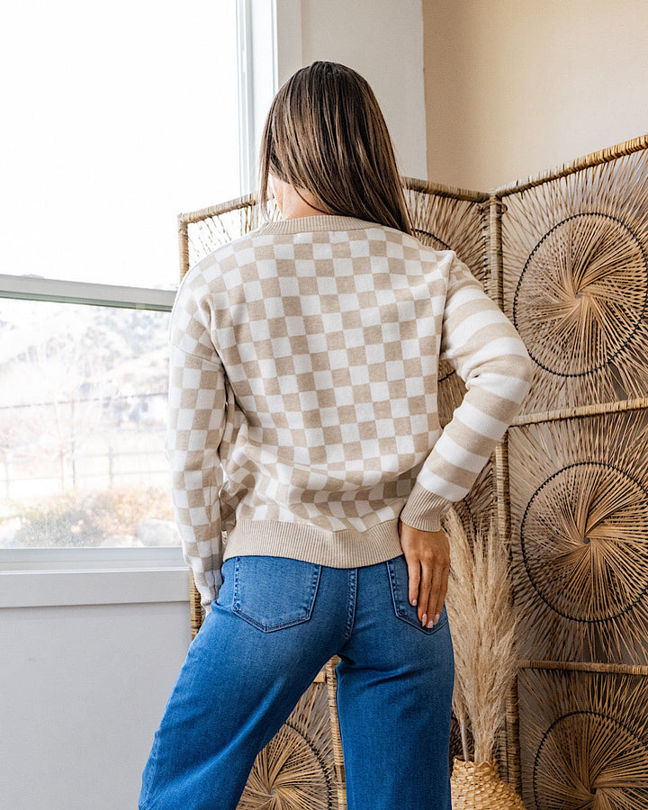 NEW! Ashley Checkered and Striped Sweater - Taupe Staccato