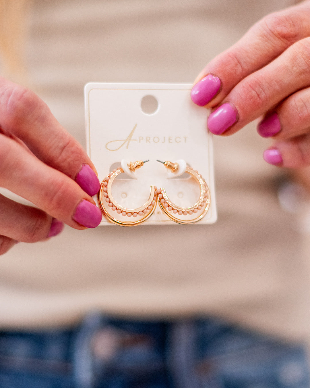 NEW! Gold Double Hoop Earrings with Beige Beads Trendy Wholesale