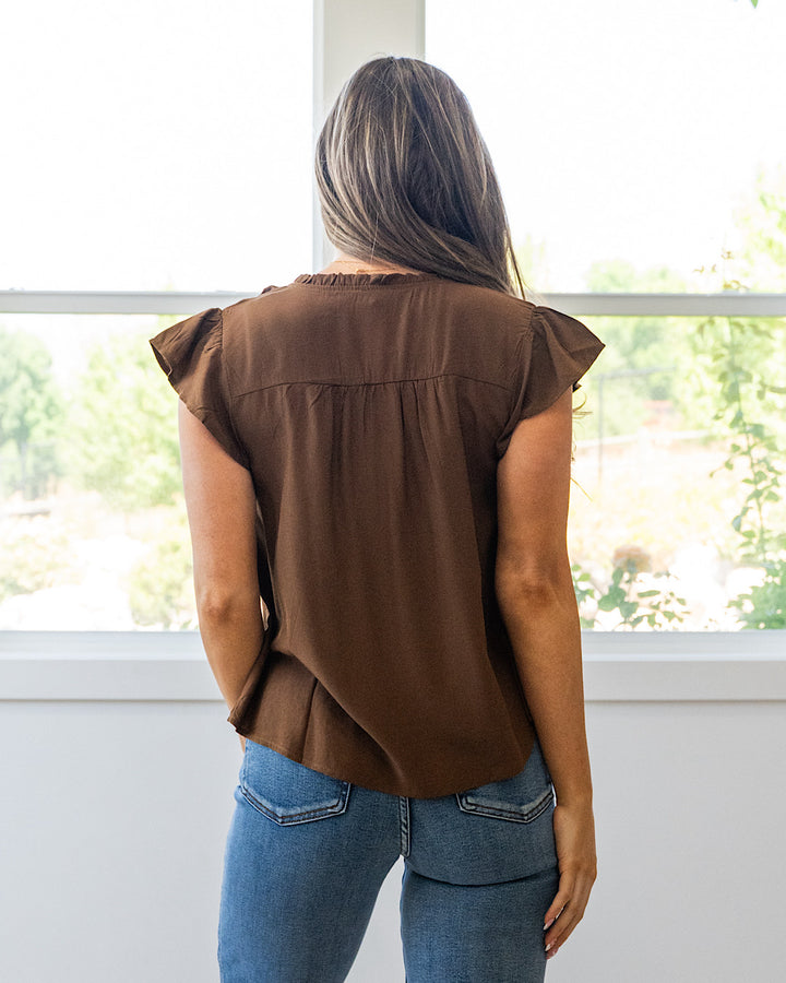 NEW! Raya Ruffled Henley Top - Brown Mine