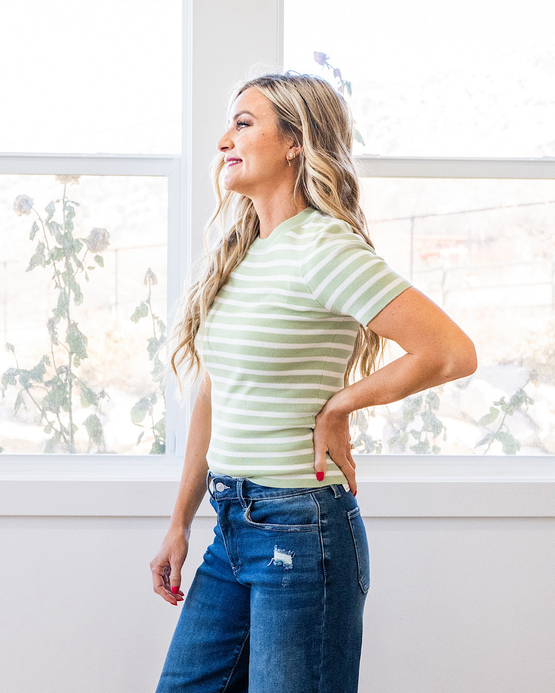NEW! Delaney Striped Short Sleeve Sweater Top - Lime Be Cool