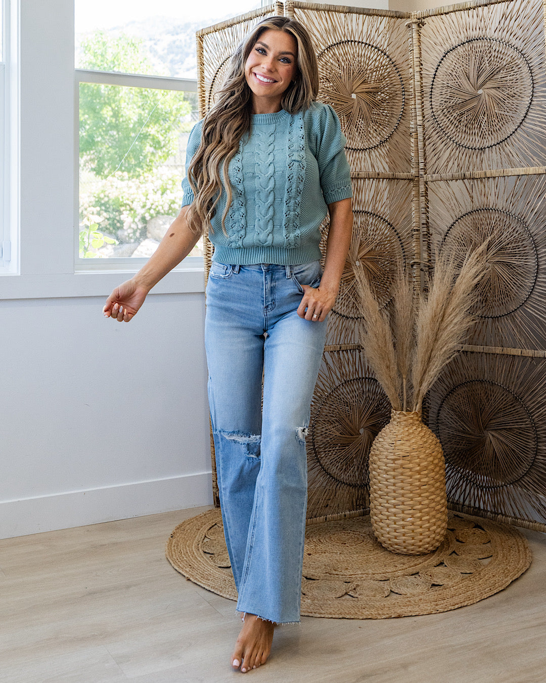 NEW! Ashlynn Chunky Cable Knit Short Sleeve Sweater - Jade Be Cool