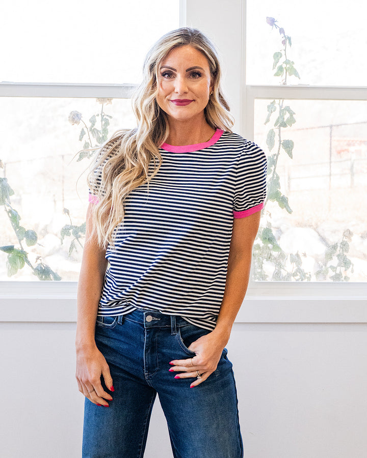 NEW! Mandy Puff Sleeve Striped Top - Navy & Pink Staccato