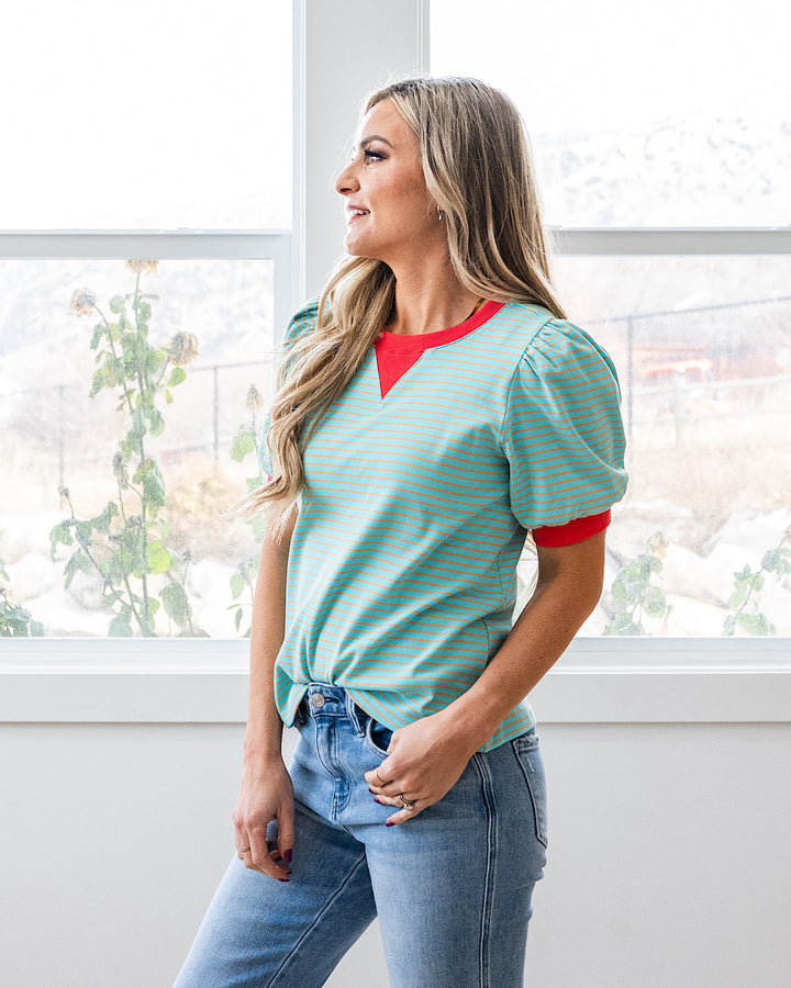 NEW! Becky Striped Puff Sleeve Top - Mint & Coral Staccato