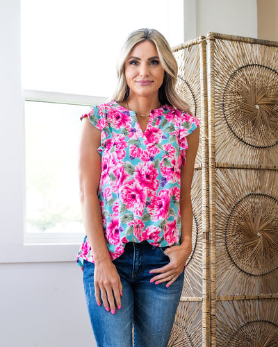 Kim Notched Neck Flutter Sleeve Top - Mint Pink Floral FINAL SALE  Dear Scarlett   