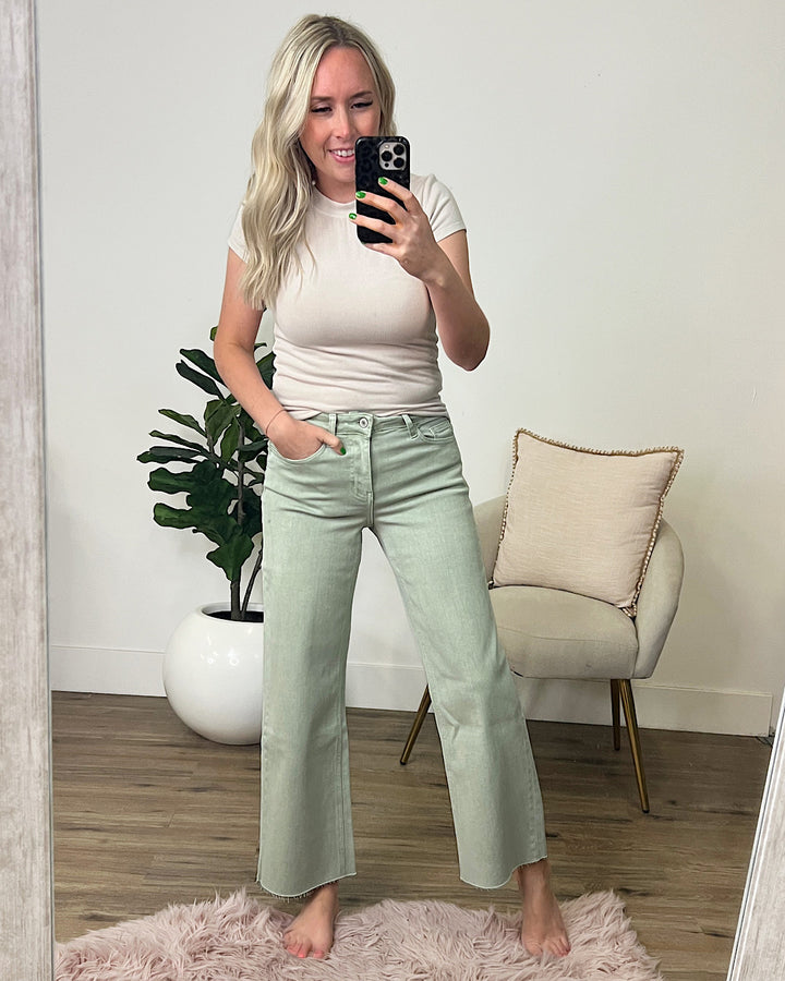 Vervet Skye Wide Leg Non Distressed Crop Jeans - Desert Sage  Vervet   