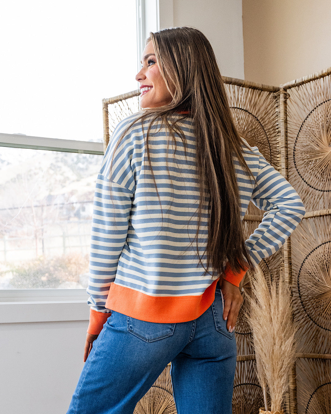 Kaylee Dusty Blue Striped Top - Coral Staccato