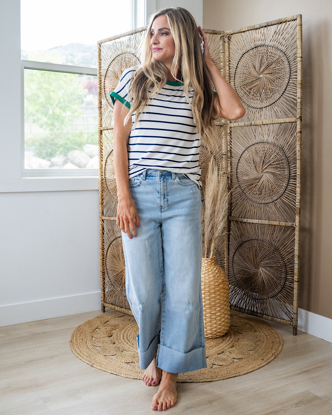 Juliet Striped Ribbed Top - Ivory & Green Staccato