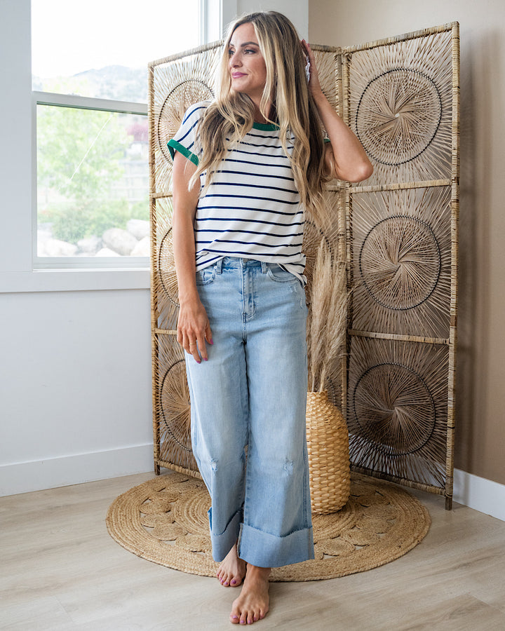 Juliet Striped Ribbed Top - Ivory & Green Staccato