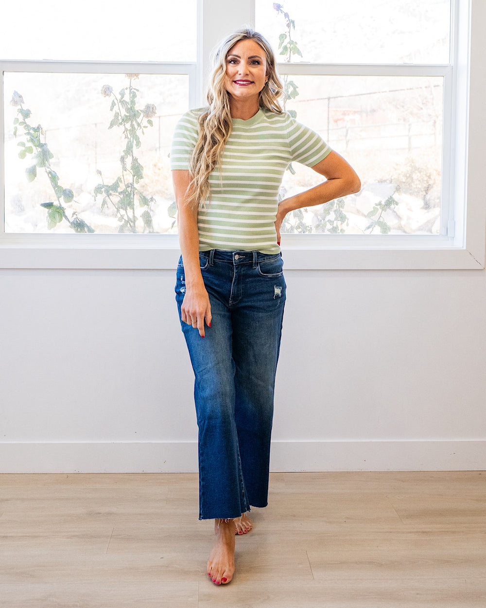 NEW! Delaney Striped Short Sleeve Sweater Top - Lime Be Cool