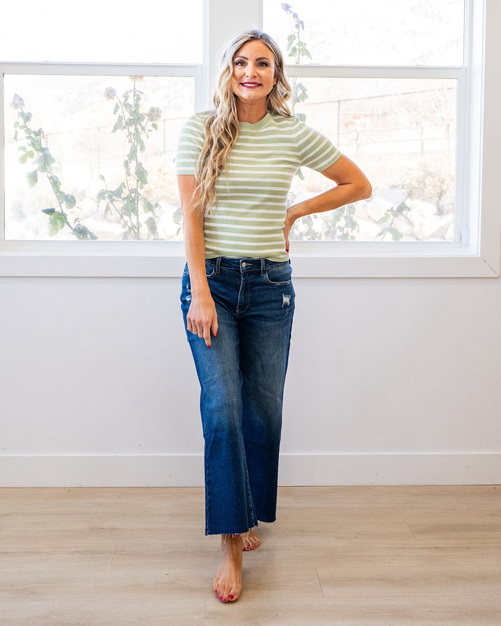 NEW! Delaney Striped Short Sleeve Sweater Top - Lime Be Cool