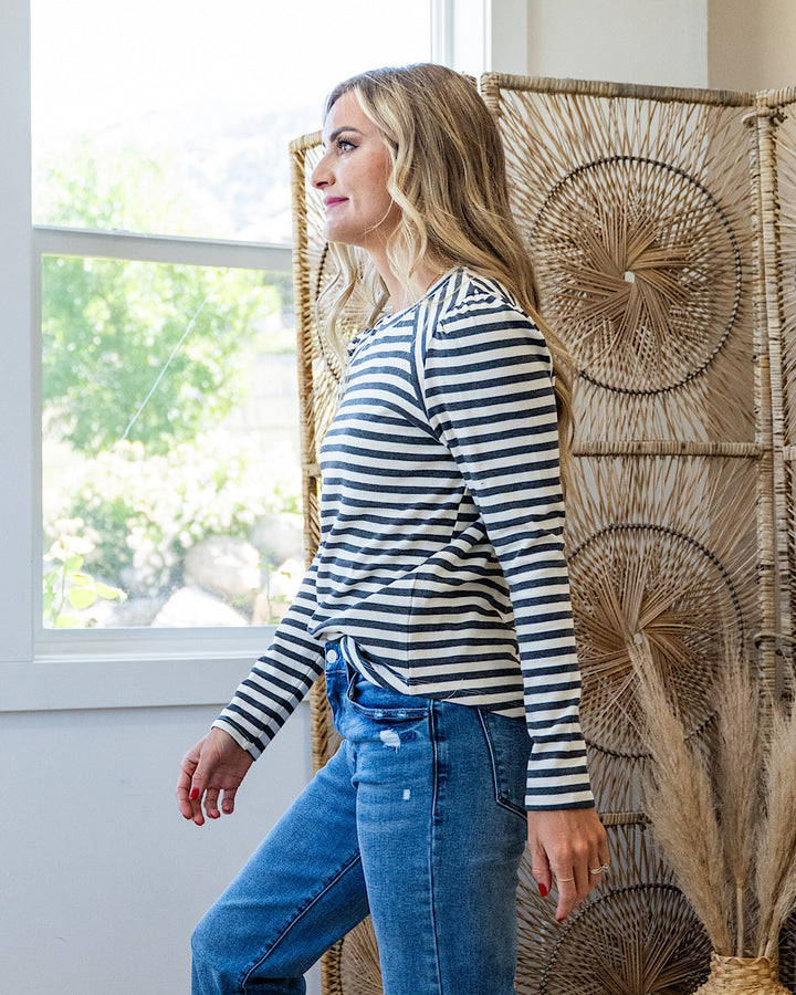 NEW! Alexa Striped Pleated Shoulder Top - Charcoal Staccato