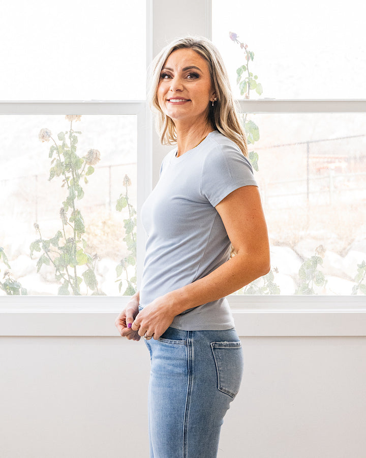 Cassidy Short Sleeve Ribbed Top - Ice Blue Be Cool