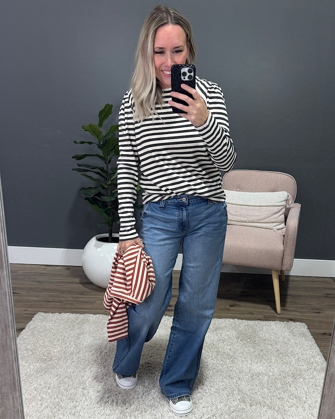 NEW! Alexa Striped Pleated Shoulder Top - Rust Staccato