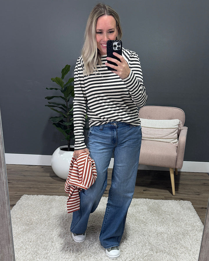 NEW! Alexa Striped Pleated Shoulder Top - Rust Staccato