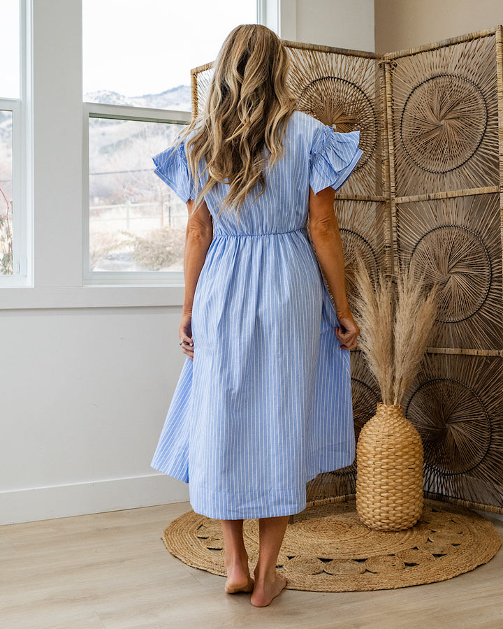 Carmine Striped Ruffle Sleeve Midi Dress - Blue Heyson