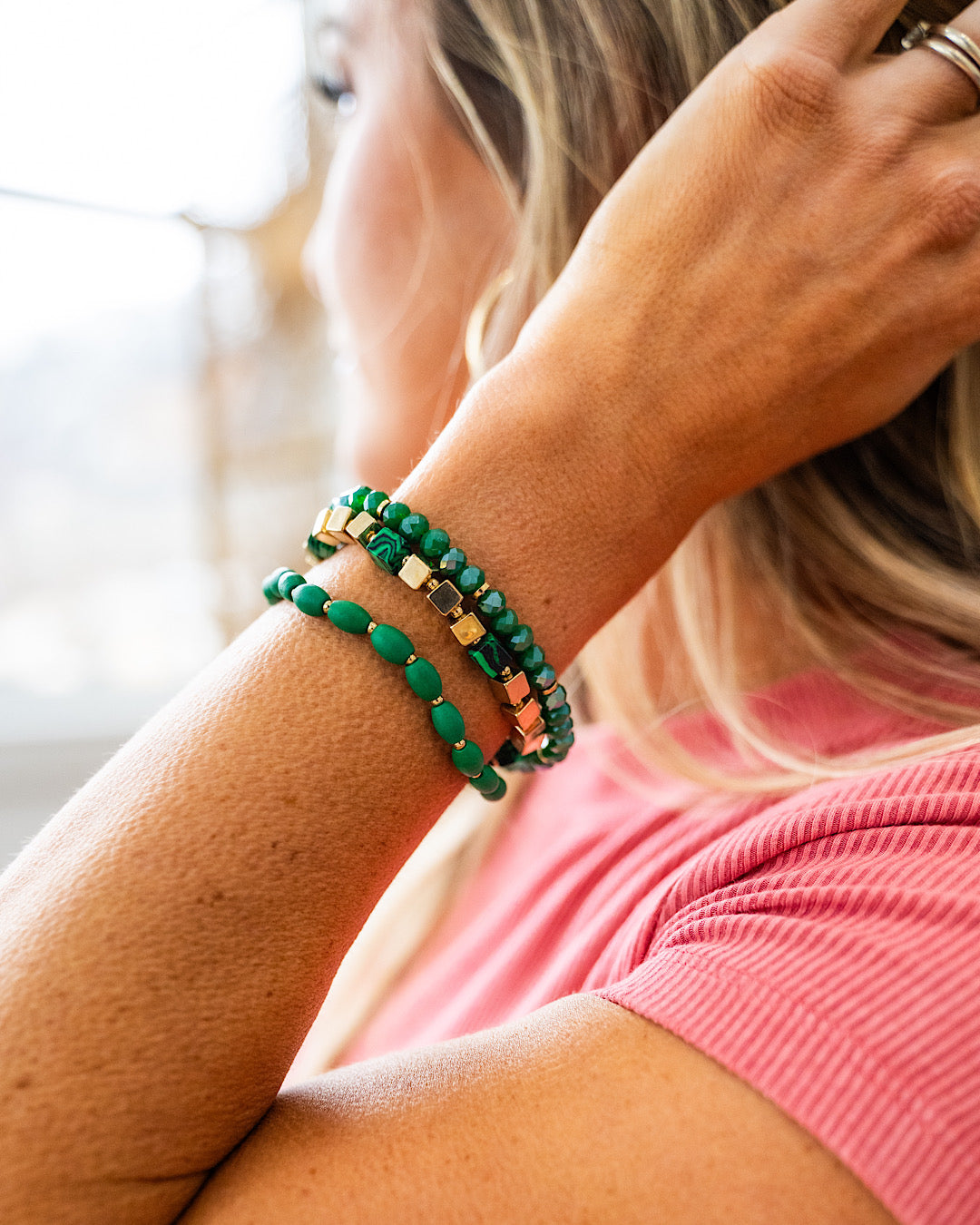 NEW! Emerald Green and Gold Beaded Bracelet Set Trendy Wholesale