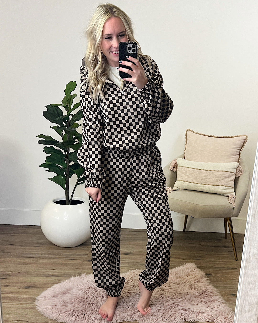 You Got Me Checkered Half Zip Hoodie FINAL SALE  Ces Femme   