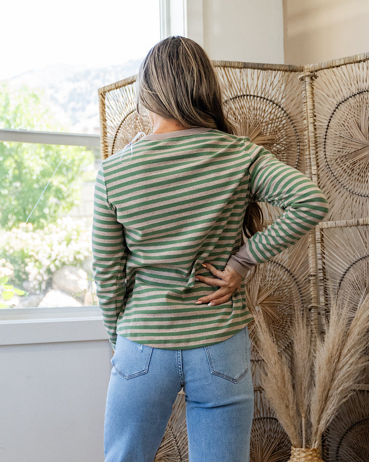 Claudia Striped Henley Top - Sage