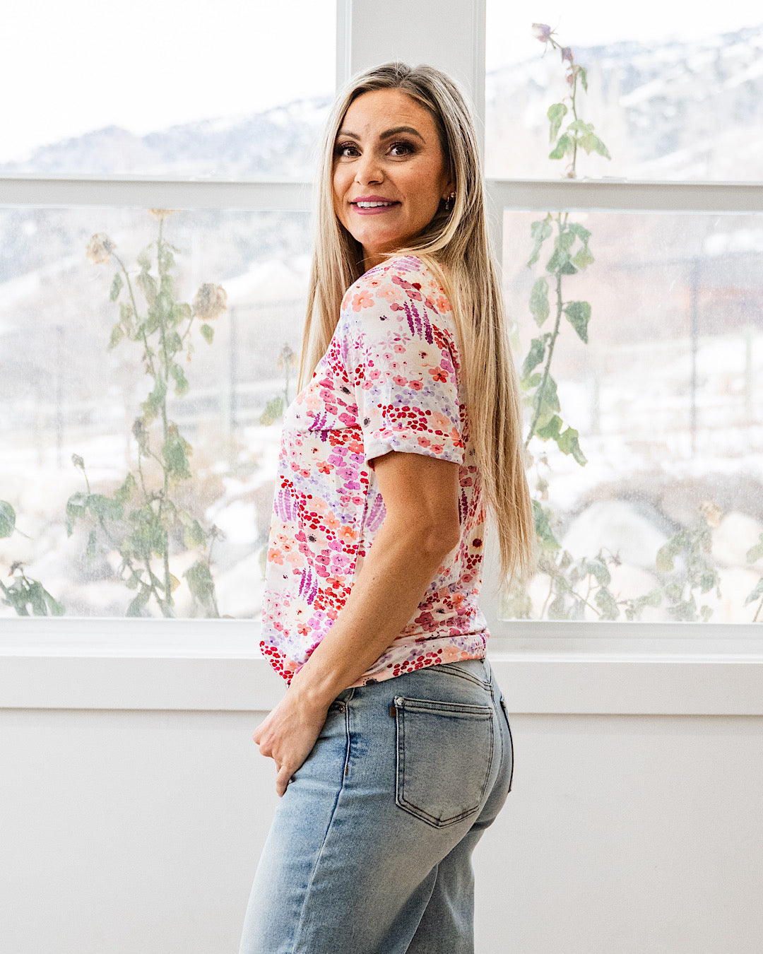 NEW! Sophie V Neck Top - Coral Sunset Floral Michelle Mae