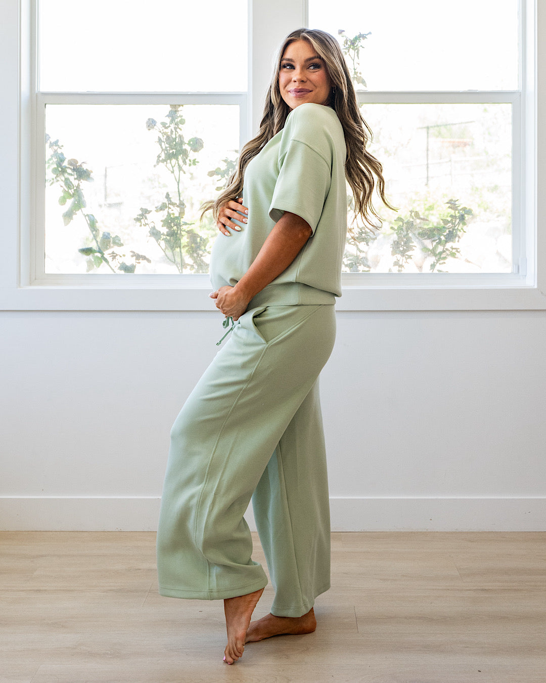 NEW! Kendall Scuba Fabric Wide Leg Pants - Pistachio Cream