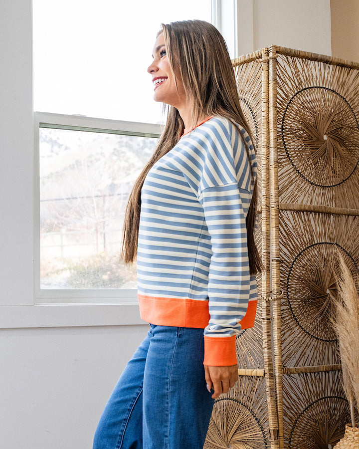 Kaylee Dusty Blue Striped Top - Coral Staccato