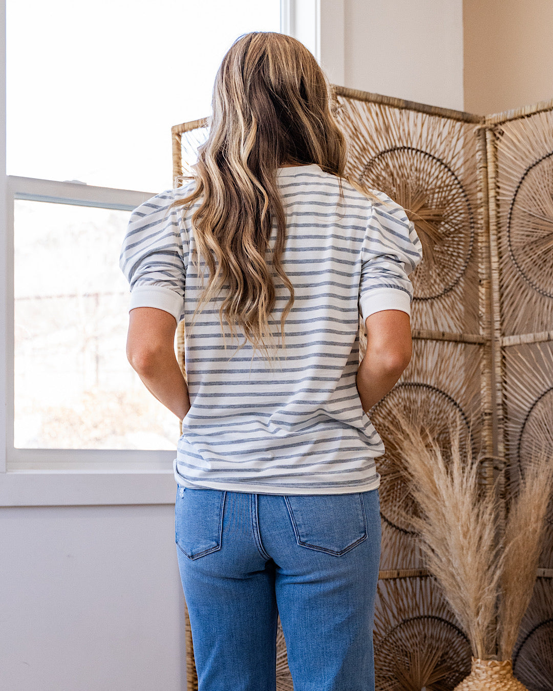 NEW! Hillary Striped Puff Sleeve Top - Heather Gray Lovely Melody