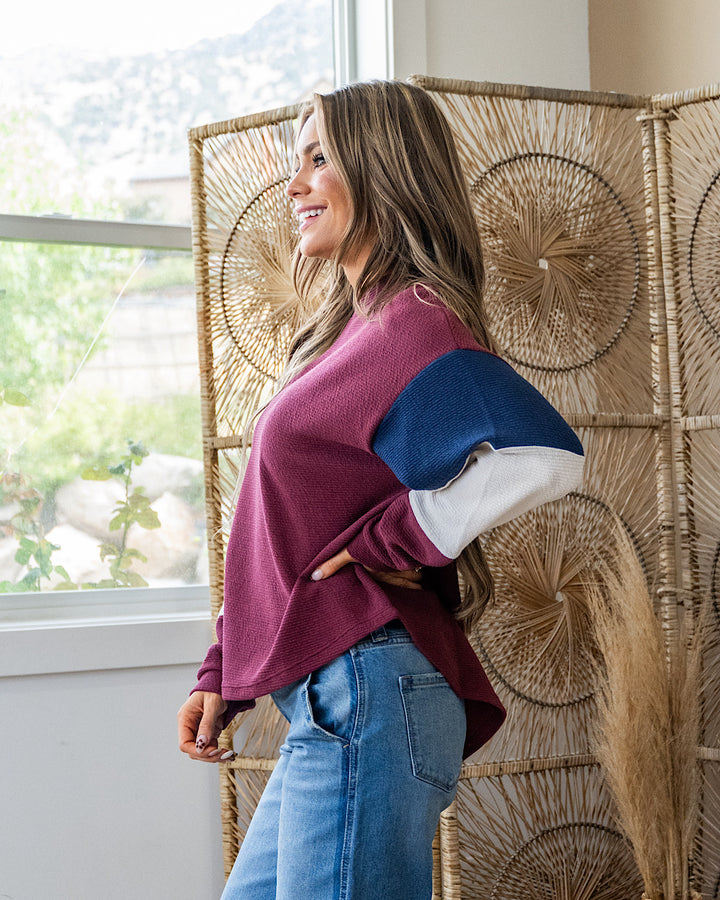 Molly Color Block Cloud Knit Top - Wine, Navy & Cream