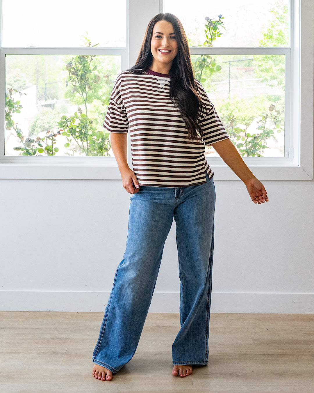 NEW! Hazel Contrast Striped Top - Dark Brown & Burgundy