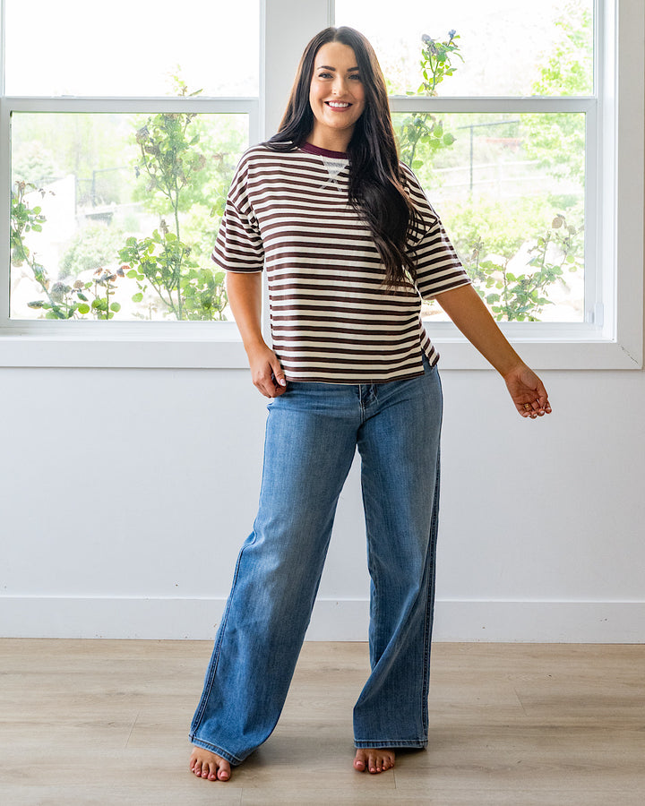NEW! Hazel Contrast Striped Top - Dark Brown & Burgundy