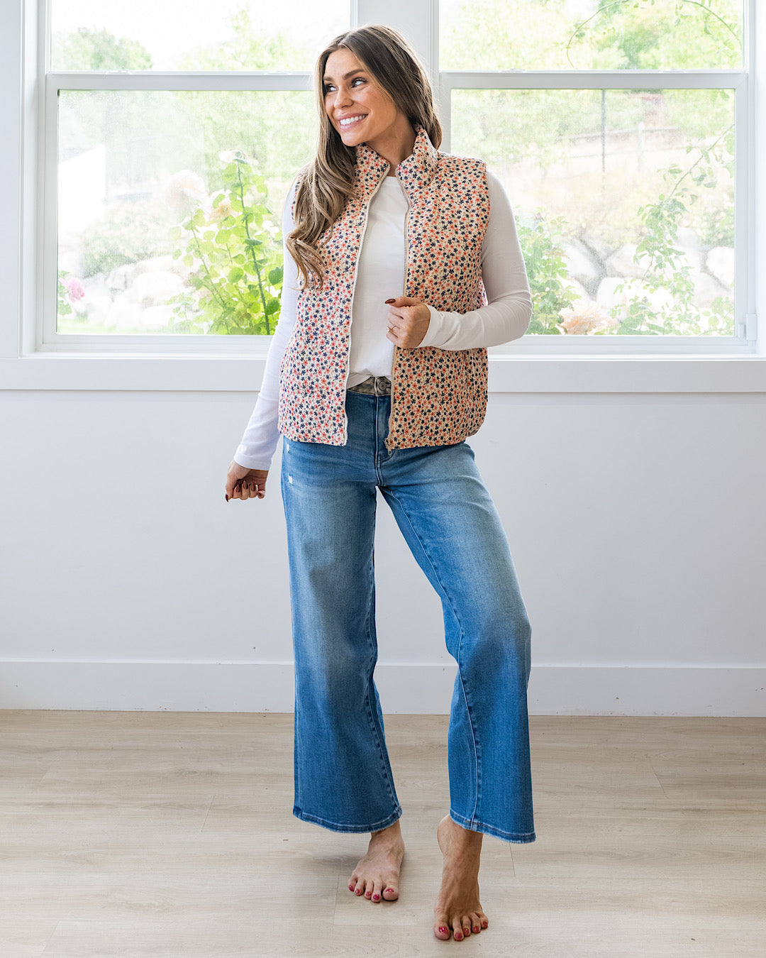 NEW! Juliana Floral Print Corduroy Vest - Cream & Pink