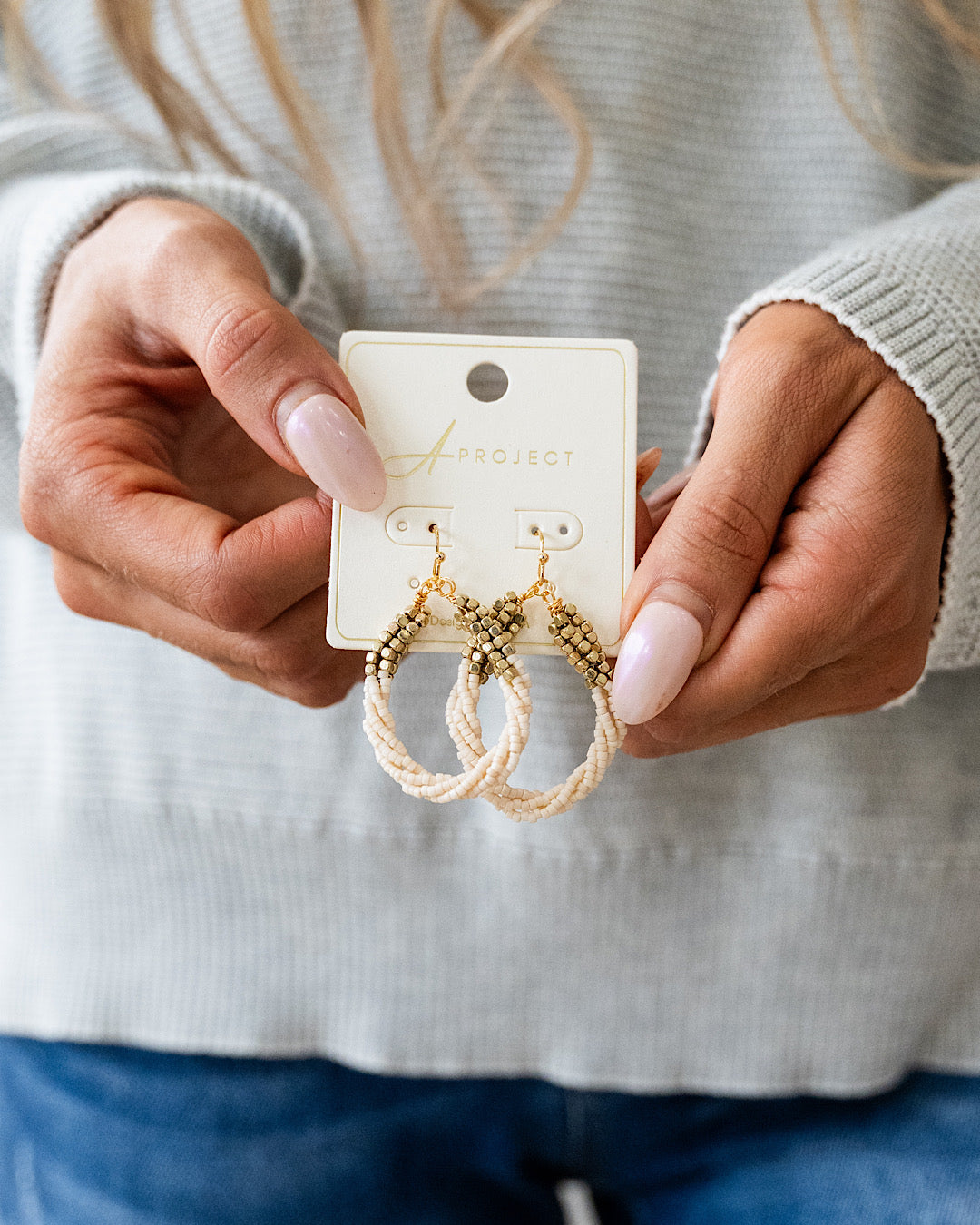 Twisted Beaded Teardrop Earrings - Beige Trendy Wholesale