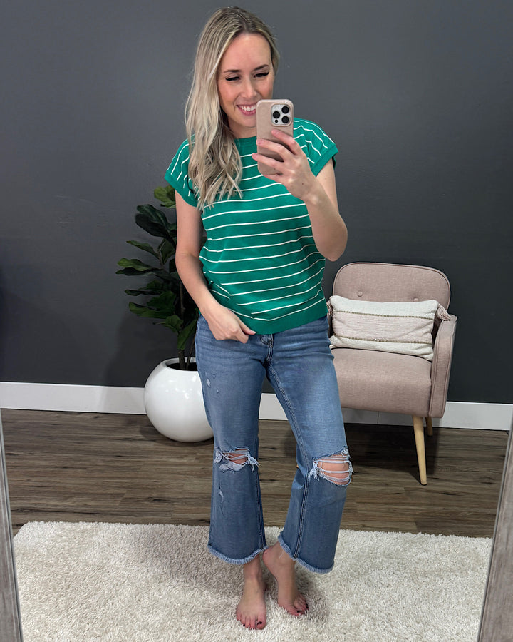 NEW! Allie Striped Short Sleeve Sweater - Emerald Staccato