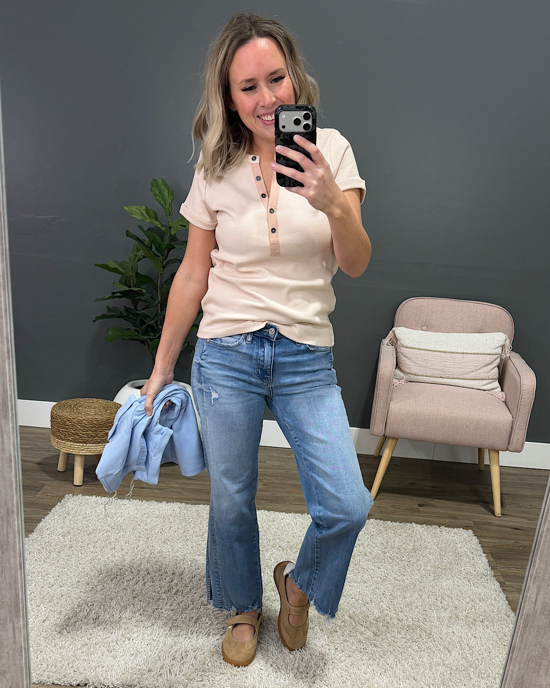 NEW! Amara Ribbed Knit V Neck Henley Top - Sky Blue