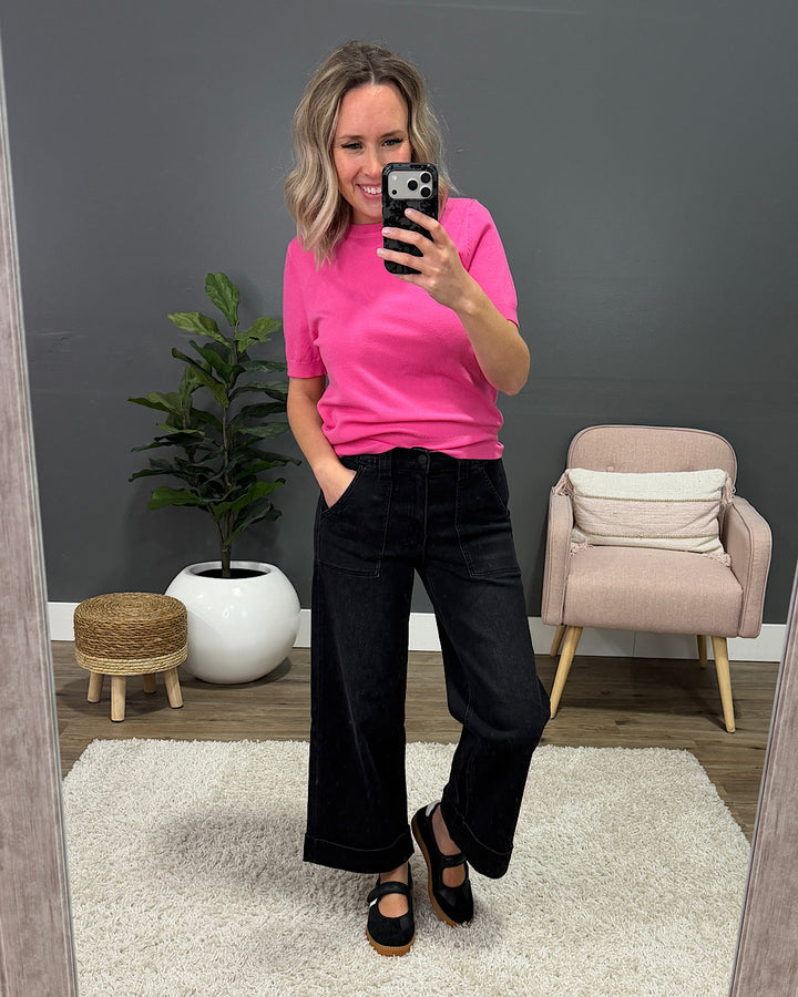 NEW! Vervet Maggie Roll Hem Elastic Waist Wide Leg Jeans - Black