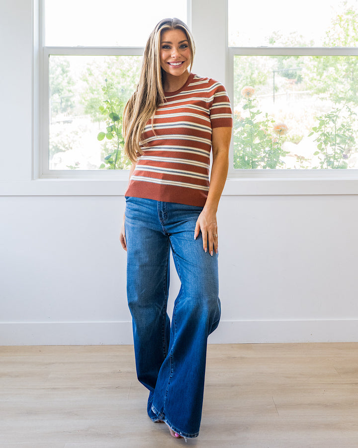 NEW! Iris Striped Short Sleeve Top  - Terracotta