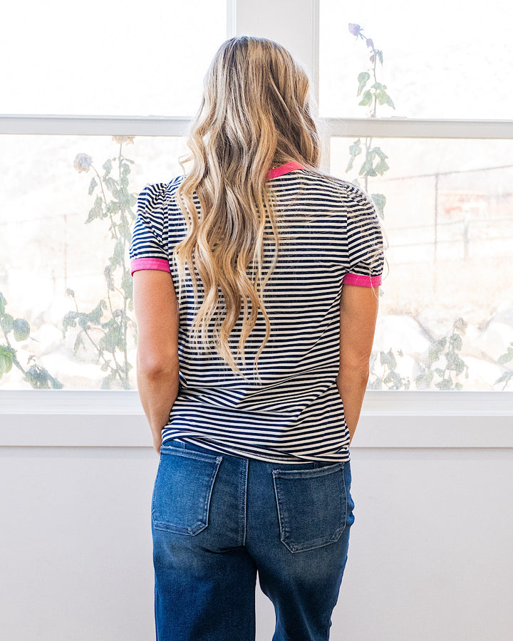 NEW! Mandy Puff Sleeve Striped Top - Navy & Pink Staccato