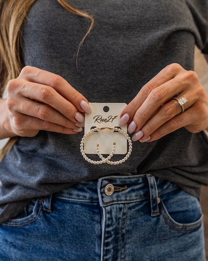 Pearl Beaded Open Hoop Earrings - Large
