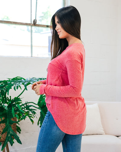 Slub Knit Long Sleeve Top - Red  First Love   