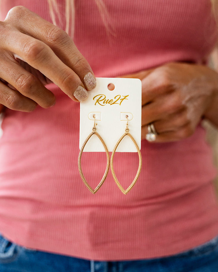 NEW! Textured Metal Marquise Shaped Dangle Earrings - Gold Trendy Wholesale