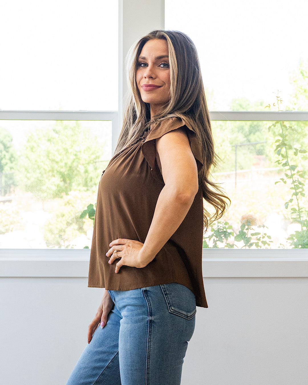 NEW! Raya Ruffled Henley Top - Brown Mine