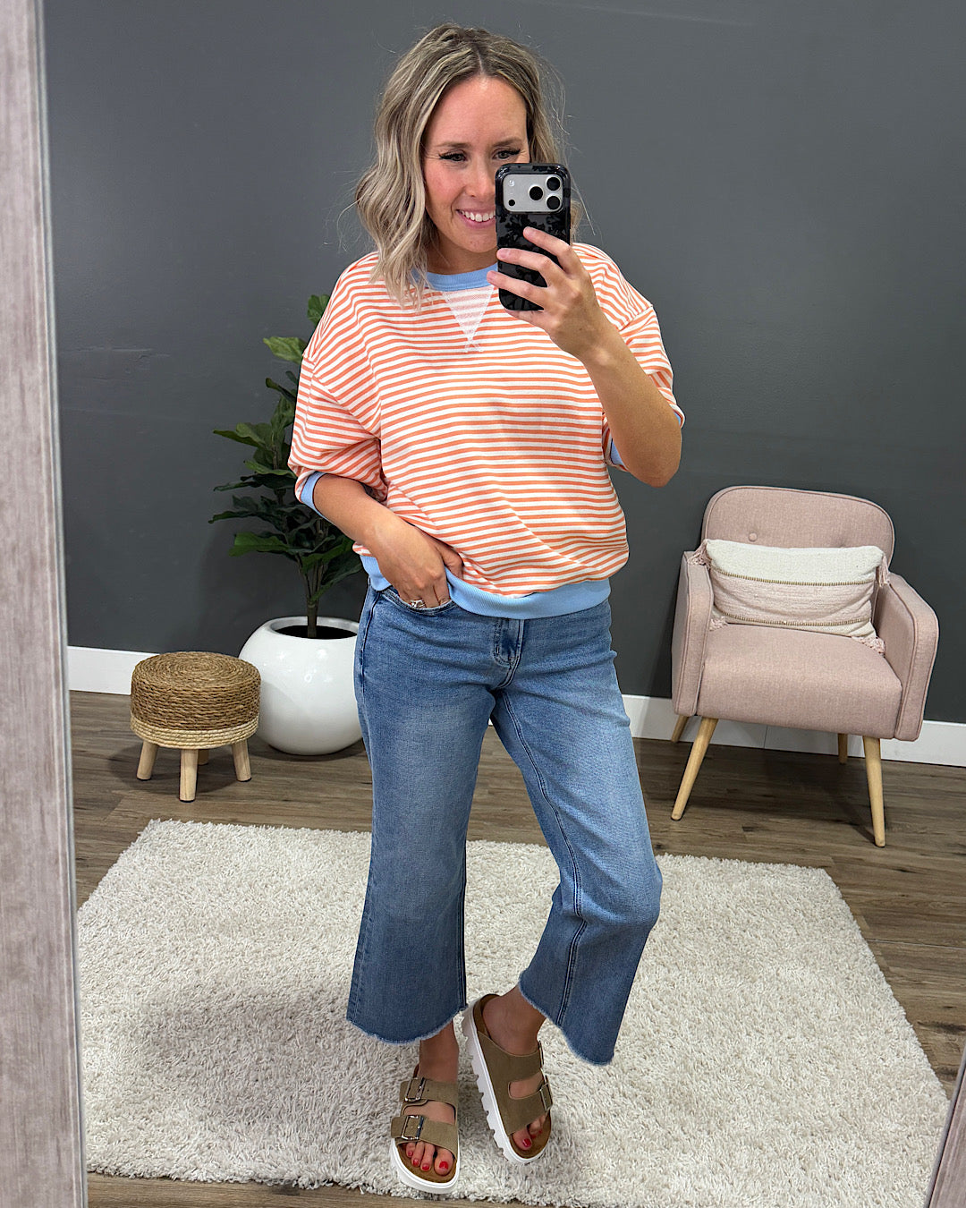 NEW! Jillian Striped Half Sleeve Top - Peach & Blue Staccato