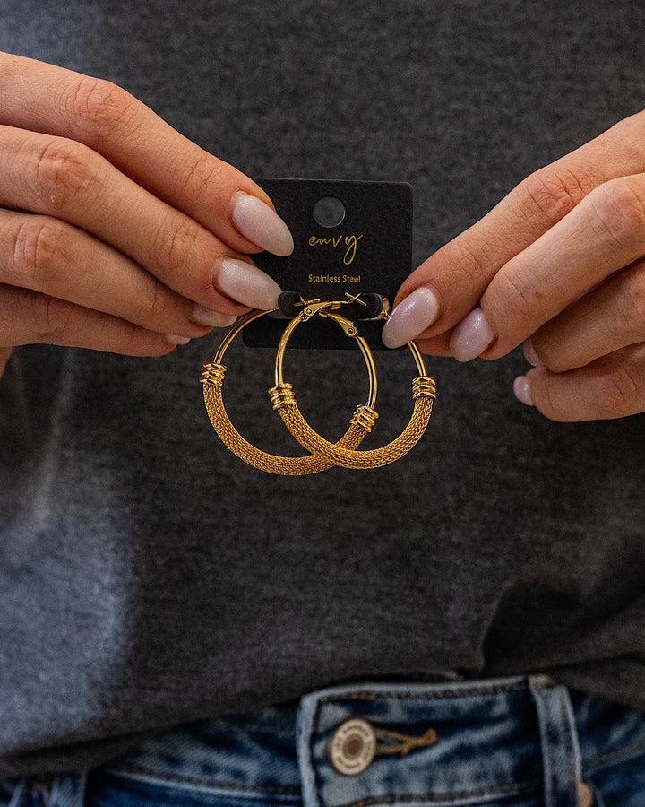NEW! Stainless Steel Mesh Chain Hoop Earrings - Gold