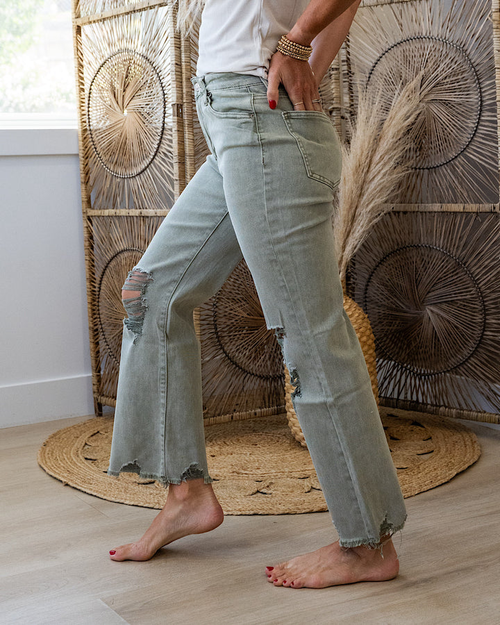 NEW! Gia Wide Leg Distressed Cropped Jeans - Light Olive Zenana