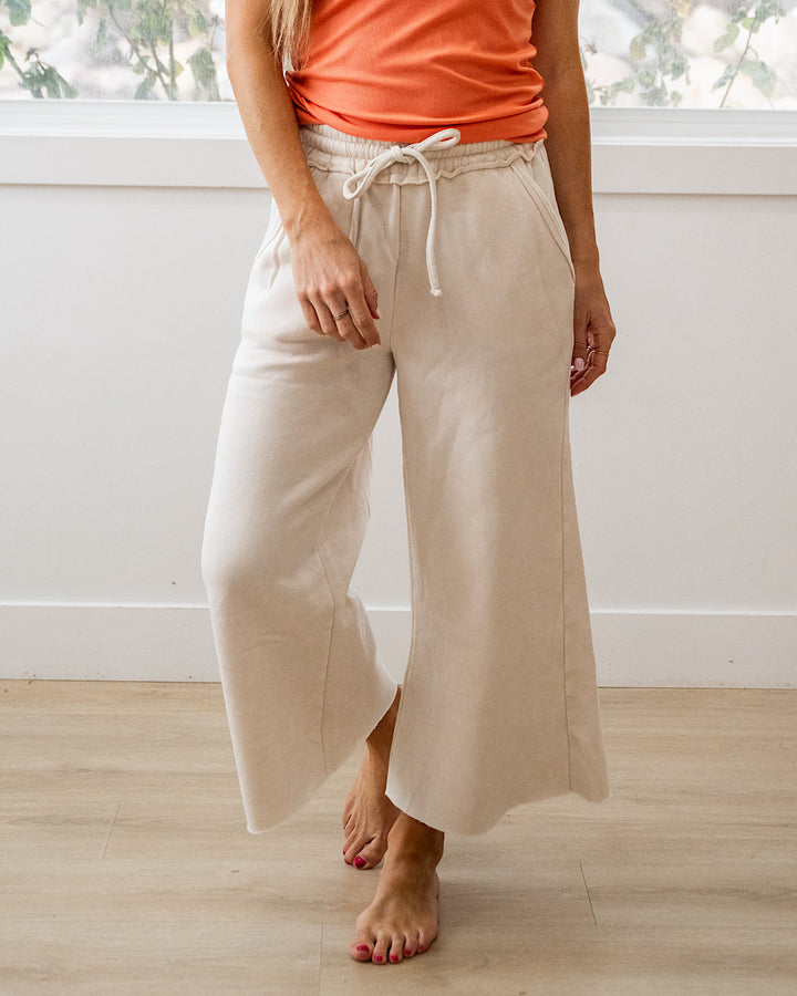 NEW! Cropped Wide Leg Comfy Pants - Sand Beige Zenana