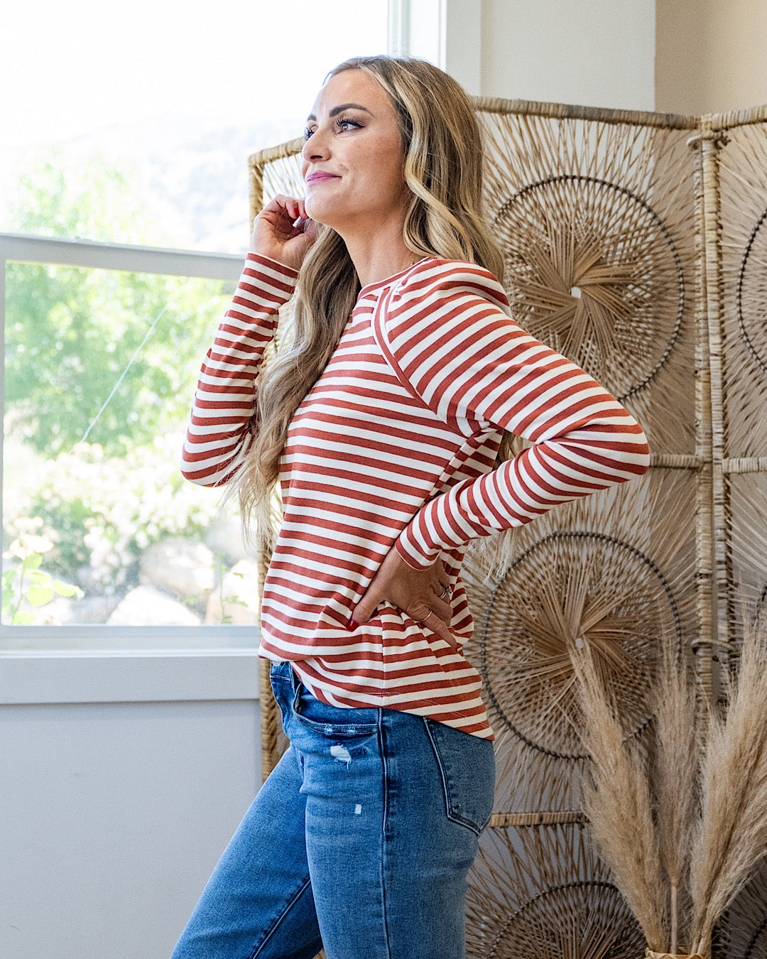 NEW! Alexa Striped Pleated Shoulder Top - Rust Staccato