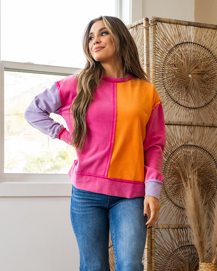 Luna Color Block Top - Fuchsia & Orange White Birch