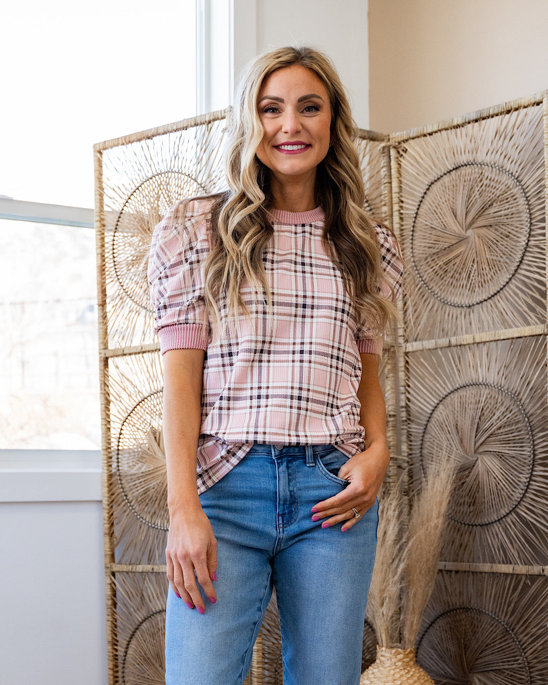 NEW! Selene Plaid Ribbed Top - Blush Lovely Melody