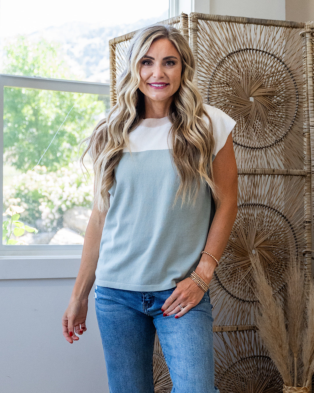 NEW! Miranda Color Block Top - Sage Staccato